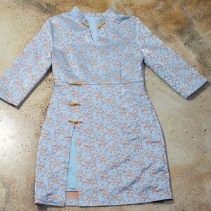 NWT Elegant Floral Embroidered Chinese Mini Dress Light Blue And Peach Size L